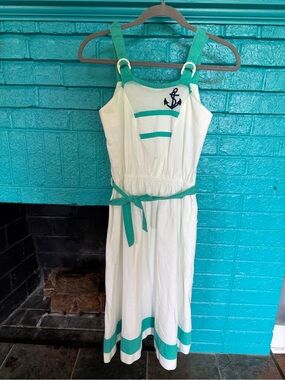 Vintage White and Teal Nautical Midi Dress